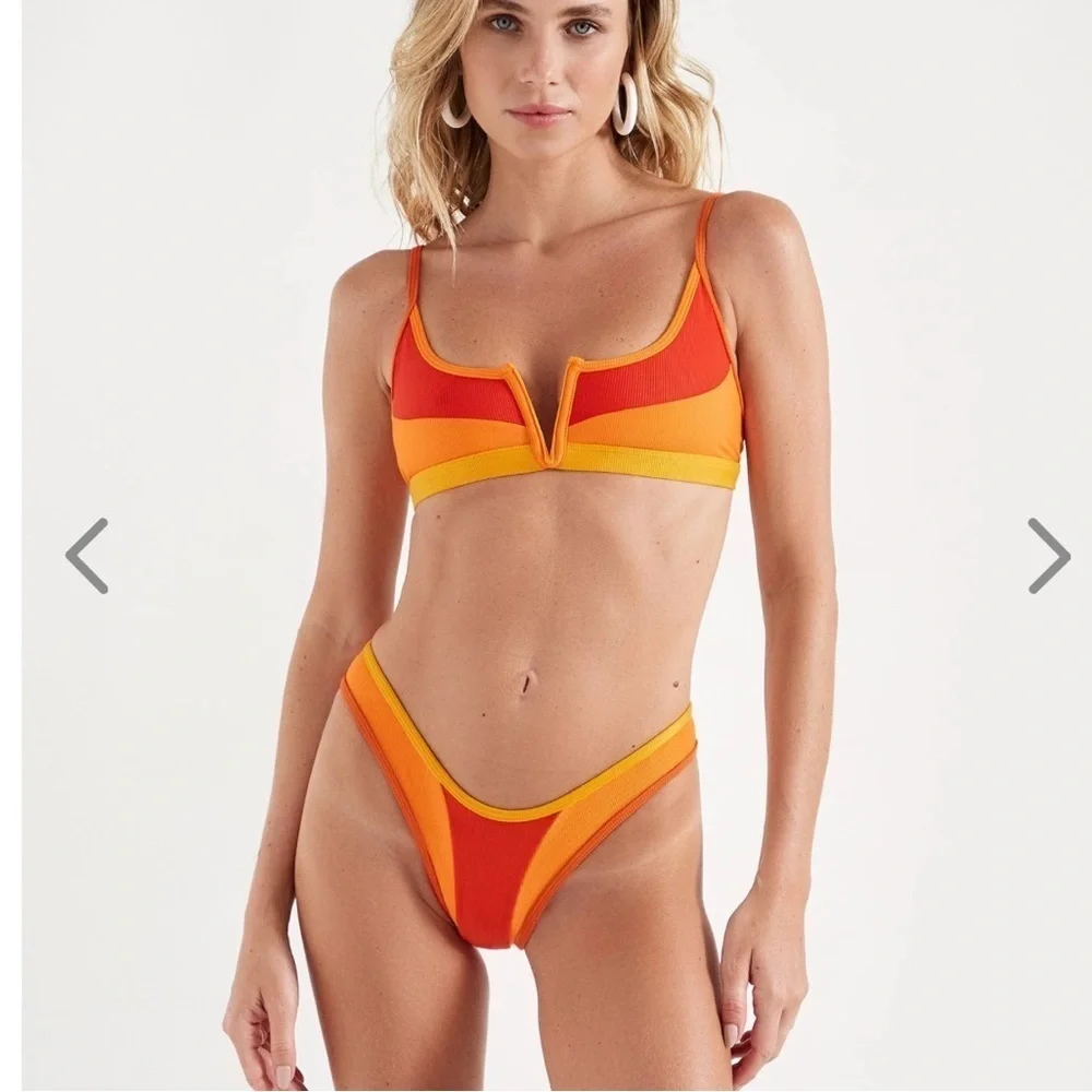 NWT OneOne Swimwear Bikini Set Cairo Orange Red Ribbed Jenna Maddie Small New
